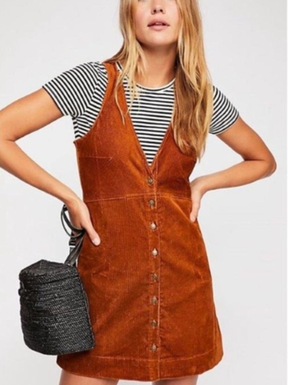 EUC Free People Womens Medium Rolling Thunder Rust Corduroy Button V-Neck Dress